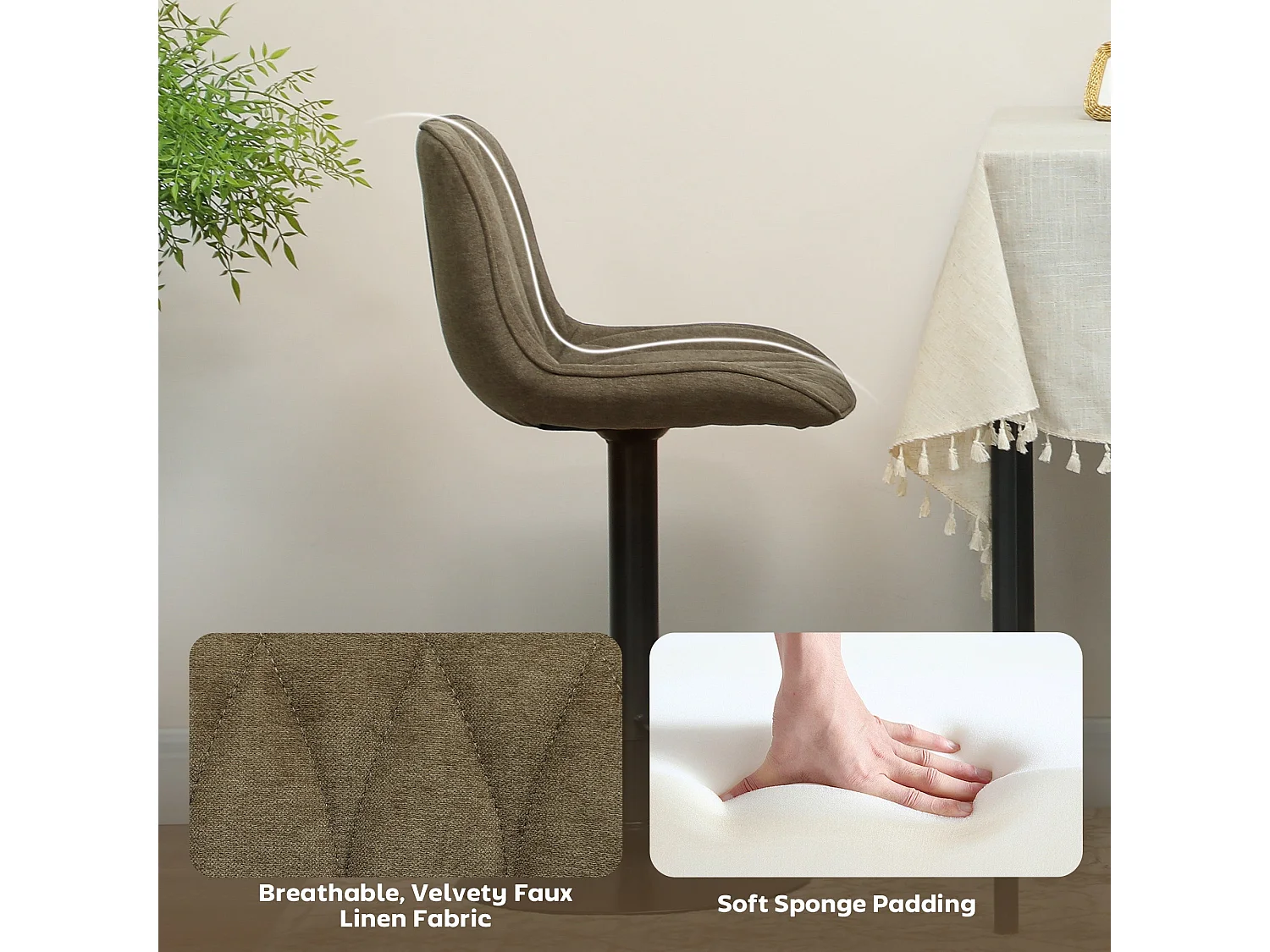 Sehake Set of 2 Brown Linen Look Adjustable Swivel Bar Stools