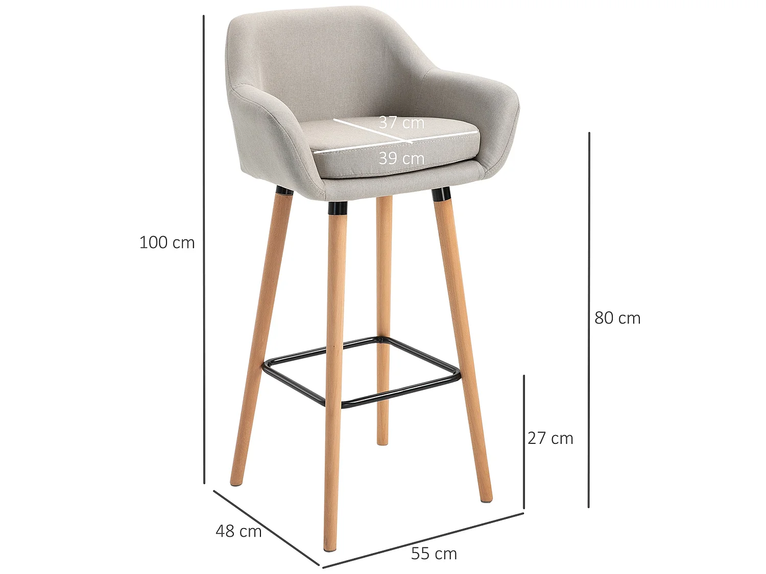 Dottira Beige Linen Upholstered Bar Stools Set of 2 with Wood Legs and Metal Frame
