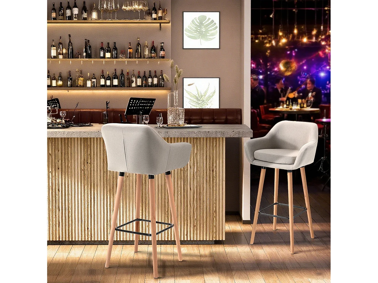 Dottira Beige Linen Upholstered Bar Stools Set of 2 with Wood Legs and Metal Frame