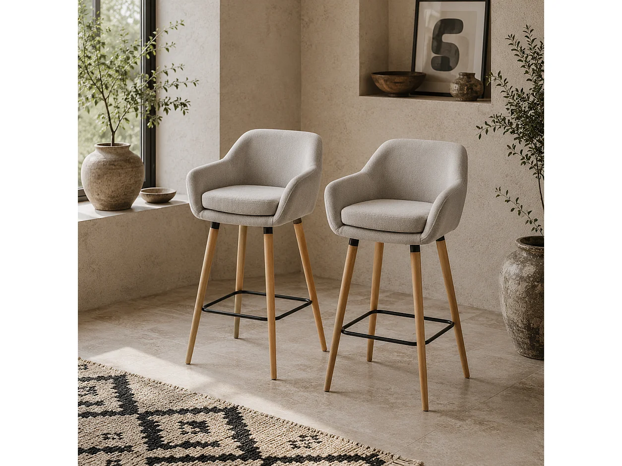 Dottira Beige Linen Upholstered Bar Stools Set of 2 with Wood Legs and Metal Frame