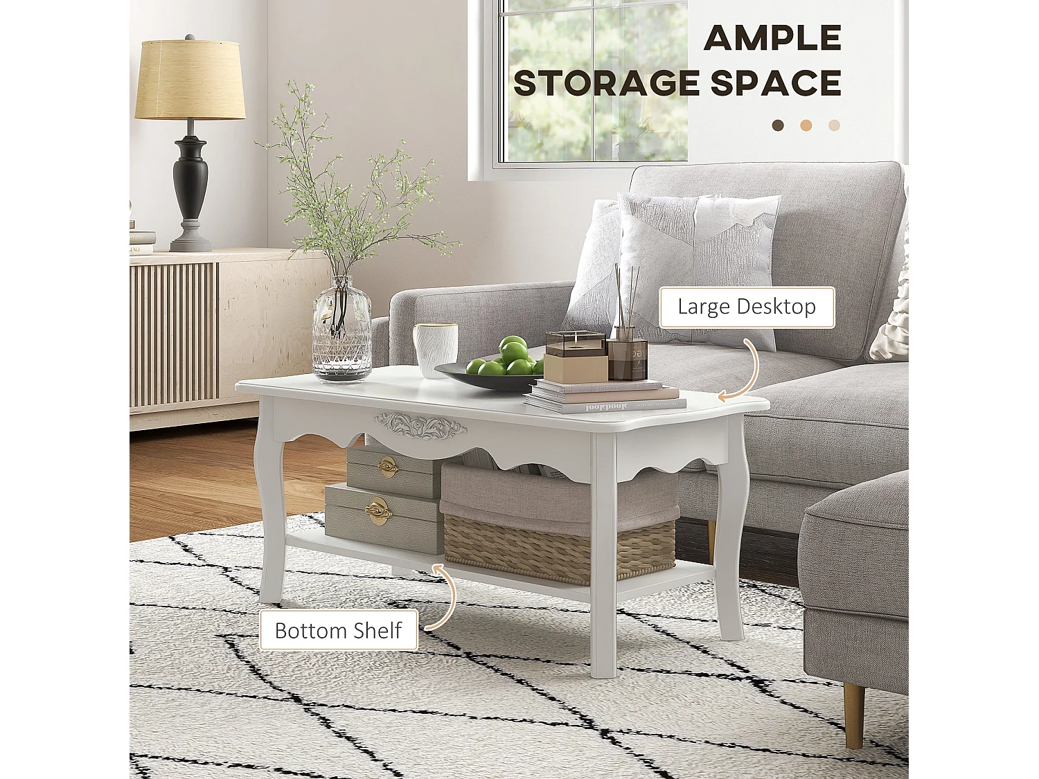 Noketa White Rectangular Mid Century Coffee Table with Storage Shelf