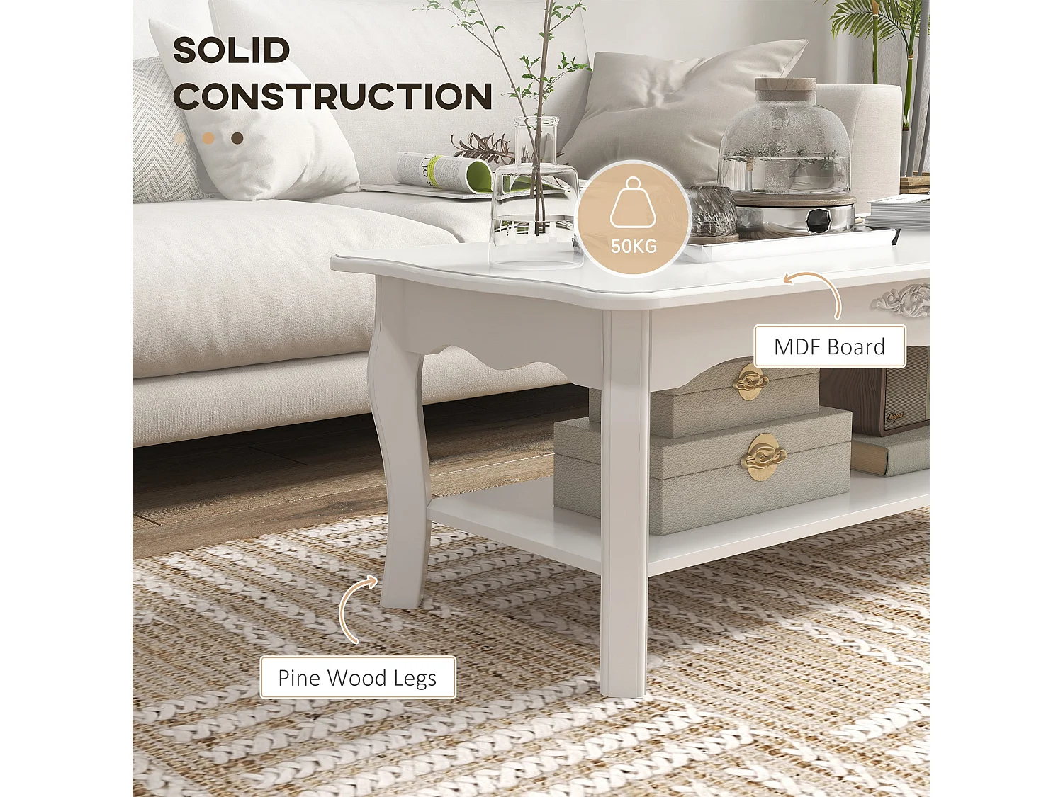Noketa White Rectangular Mid Century Coffee Table with Storage Shelf