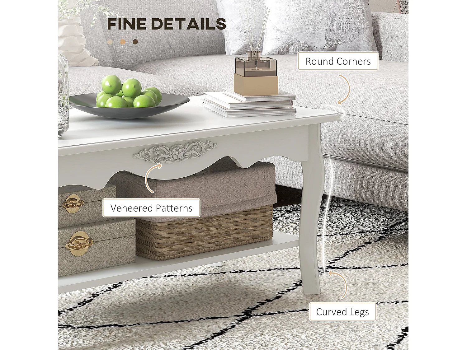 Noketa White Rectangular Mid Century Coffee Table with Storage Shelf