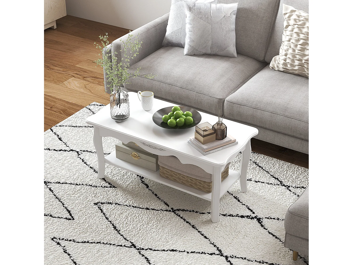 Noketa White Rectangular Mid Century Coffee Table with Storage Shelf