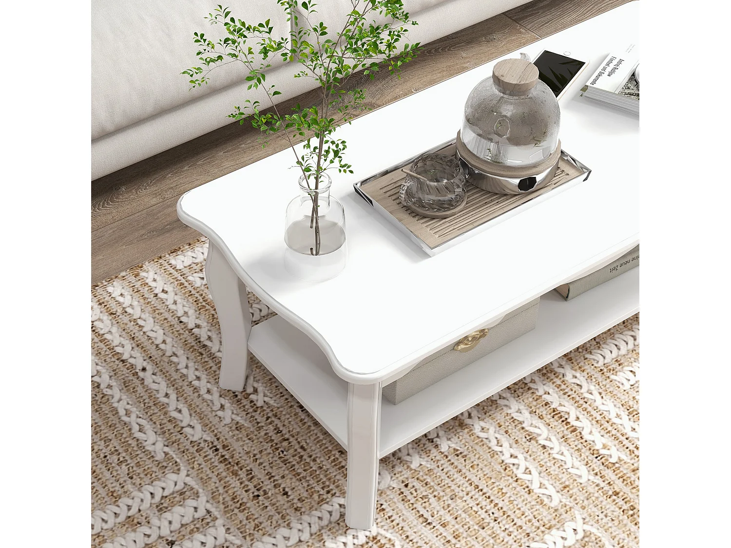Noketa White Rectangular Mid Century Coffee Table with Storage Shelf