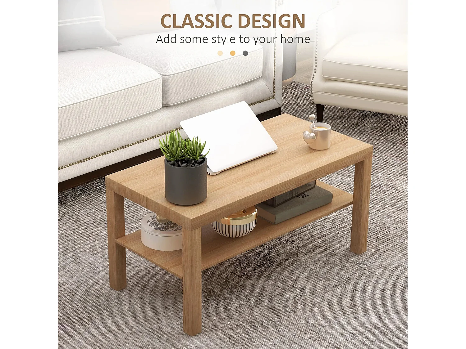 90cm Natural Wood Effect Rectangular Coffee Table with Open Bottom Shelf