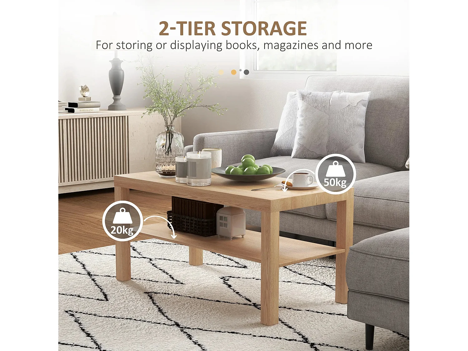 90cm Natural Wood Effect Rectangular Coffee Table with Open Bottom Shelf
