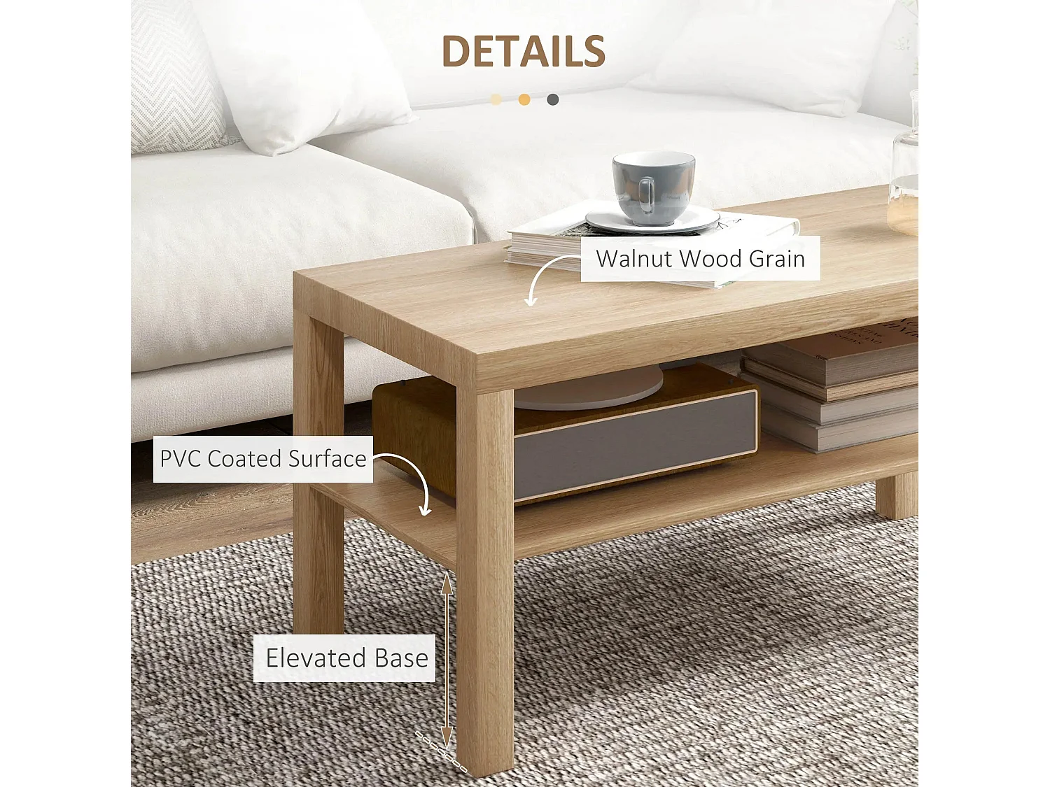 90cm Natural Wood Effect Rectangular Coffee Table with Open Bottom Shelf