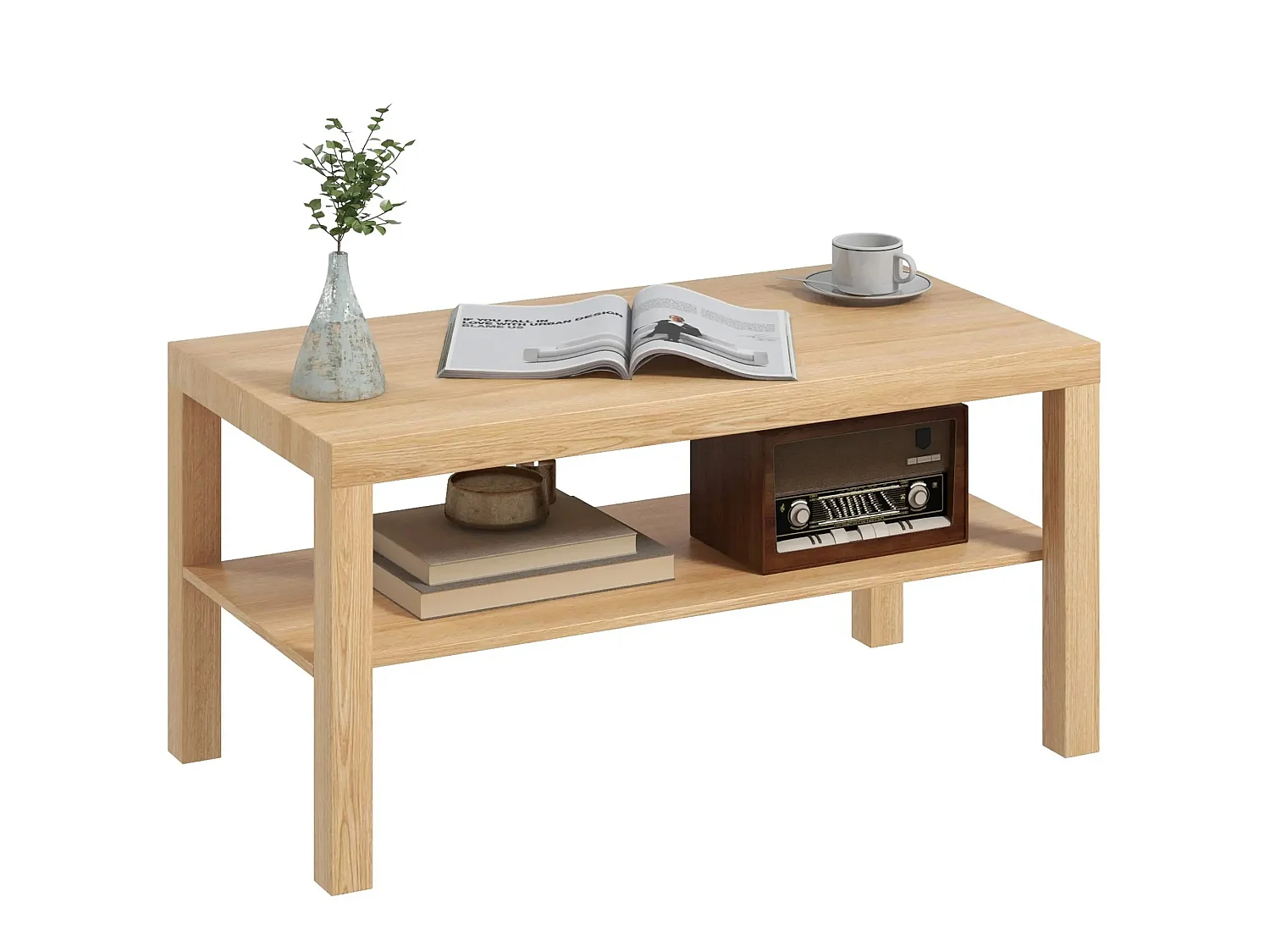 90cm Natural Wood Effect Rectangular Coffee Table with Open Bottom Shelf