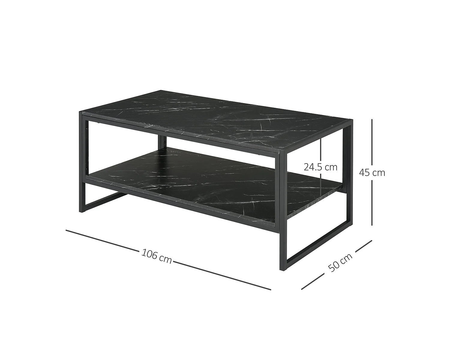 Minaba Black Metal 2 Tier Marble Effect Coffee Table with Bottom Shelf