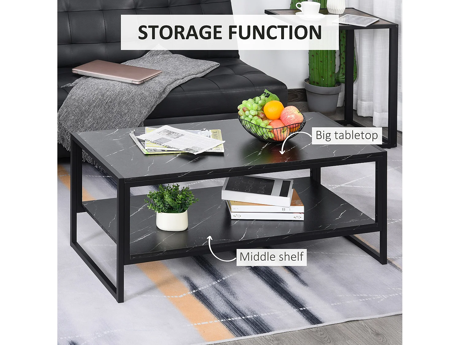 Minaba Black Metal 2 Tier Marble Effect Coffee Table with Bottom Shelf