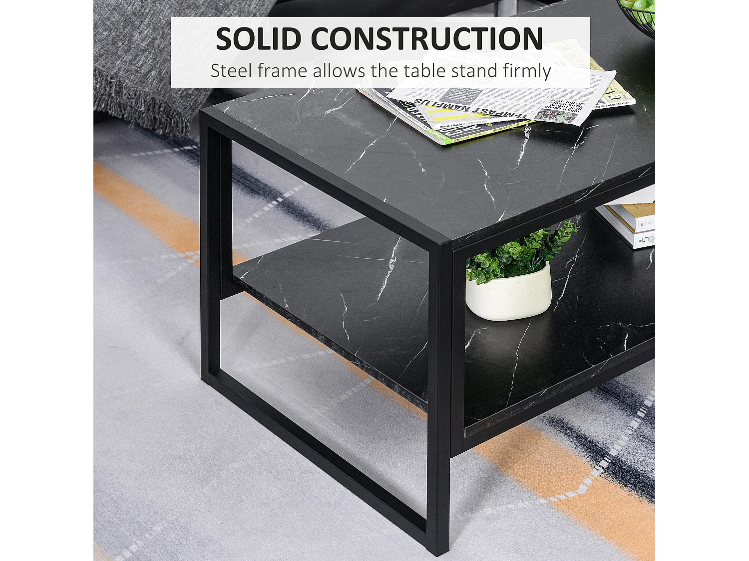 Minaba Black Metal 2 Tier Marble Effect Coffee Table with Bottom Shelf