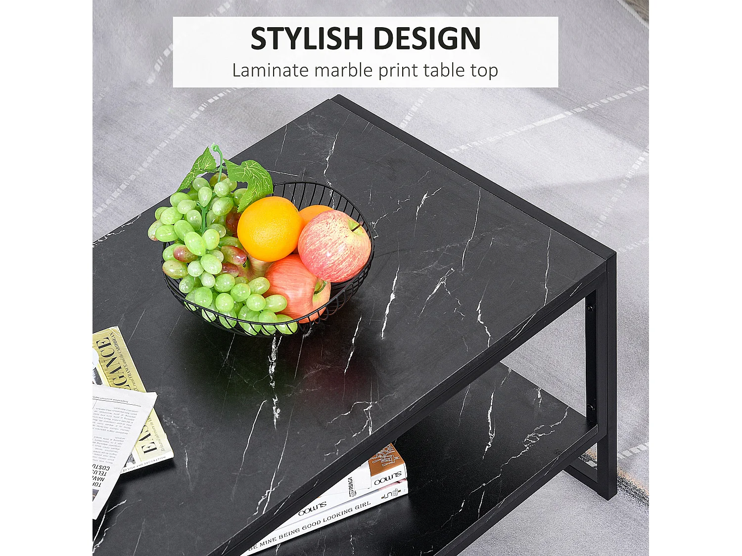 Minaba Black Metal 2 Tier Marble Effect Coffee Table with Bottom Shelf
