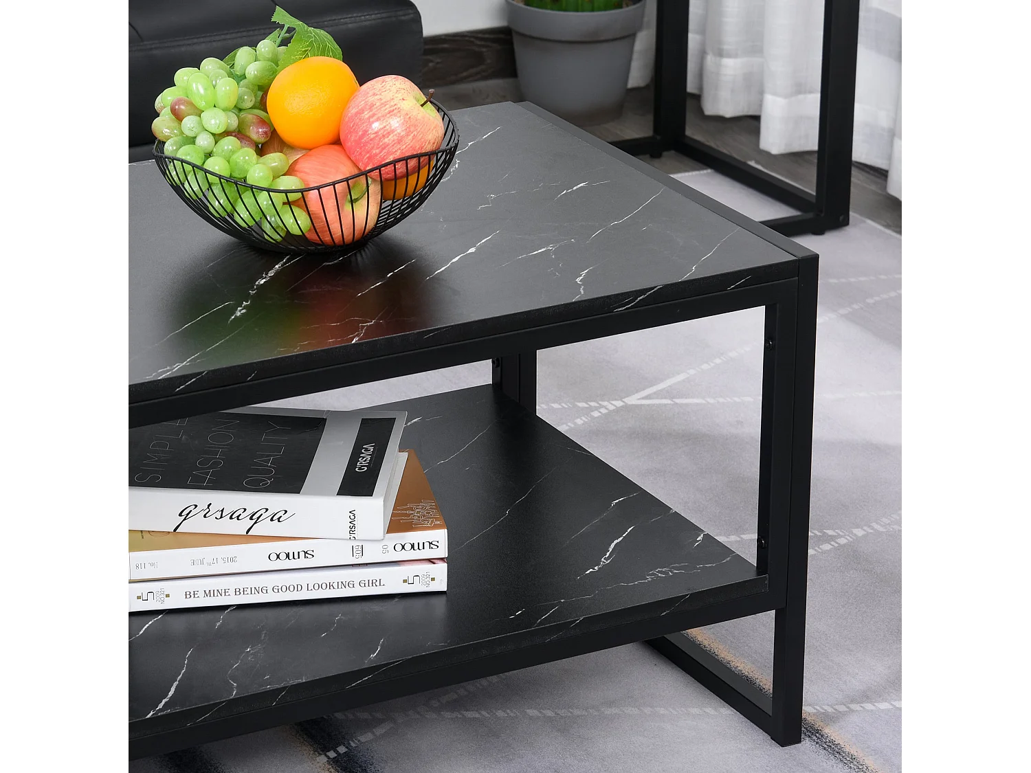 Minaba Black Metal 2 Tier Marble Effect Coffee Table with Bottom Shelf