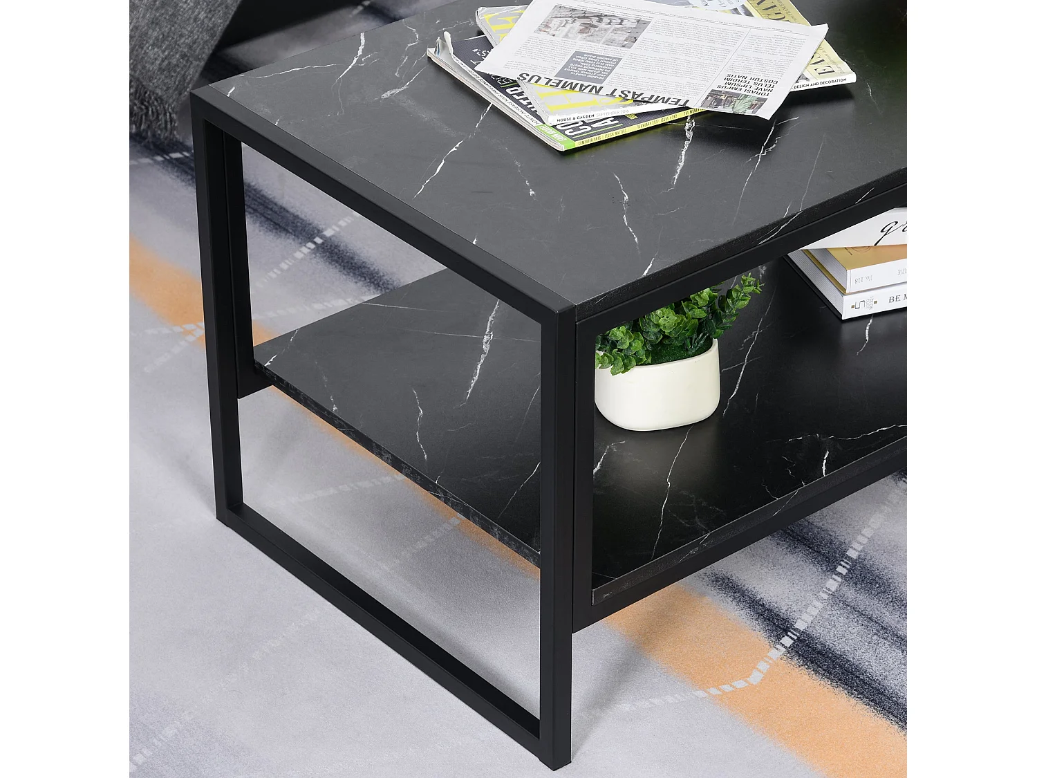 Minaba Black Metal 2 Tier Marble Effect Coffee Table with Bottom Shelf