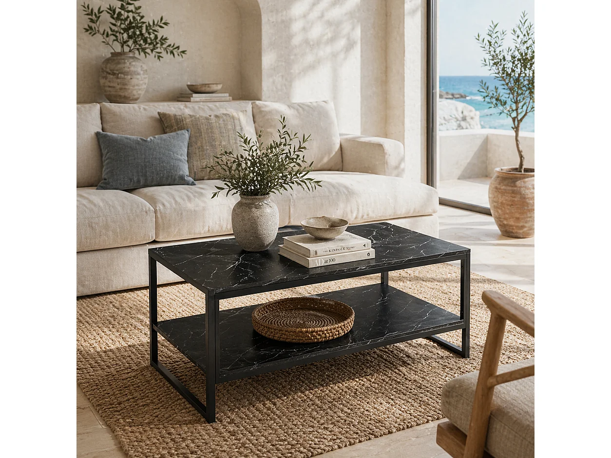 Minaba Black Metal 2 Tier Marble Effect Coffee Table with Bottom Shelf