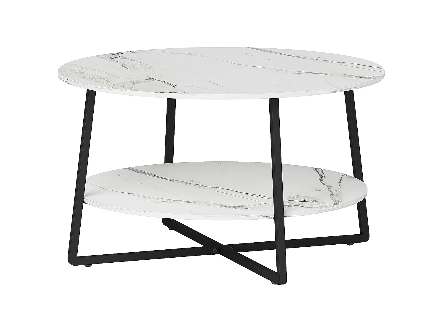 Masoso Round 2 Tier Marble Effect Coffee Table White Top Black Frame