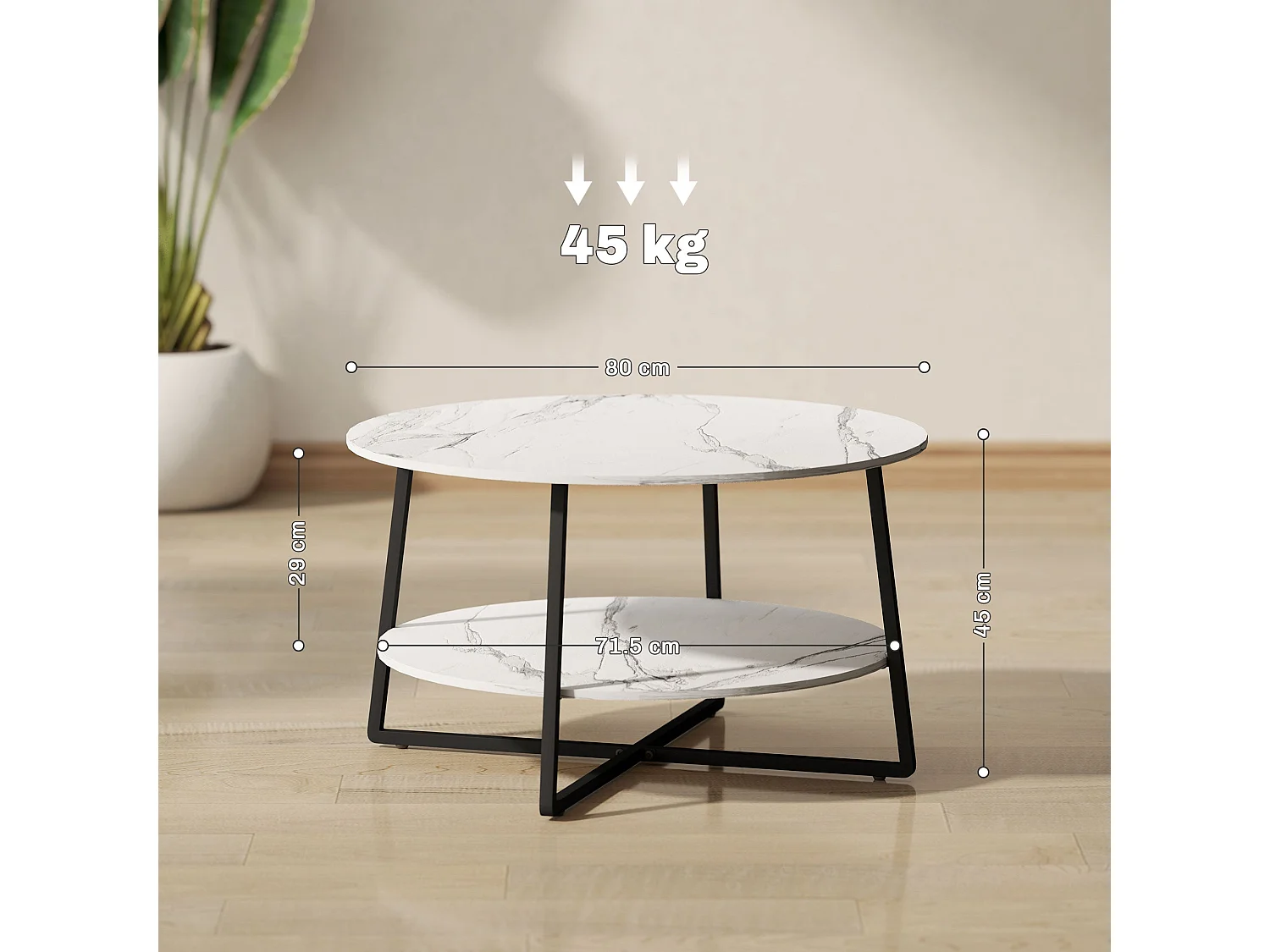 Masoso Round 2 Tier Marble Effect Coffee Table White Top Black Frame