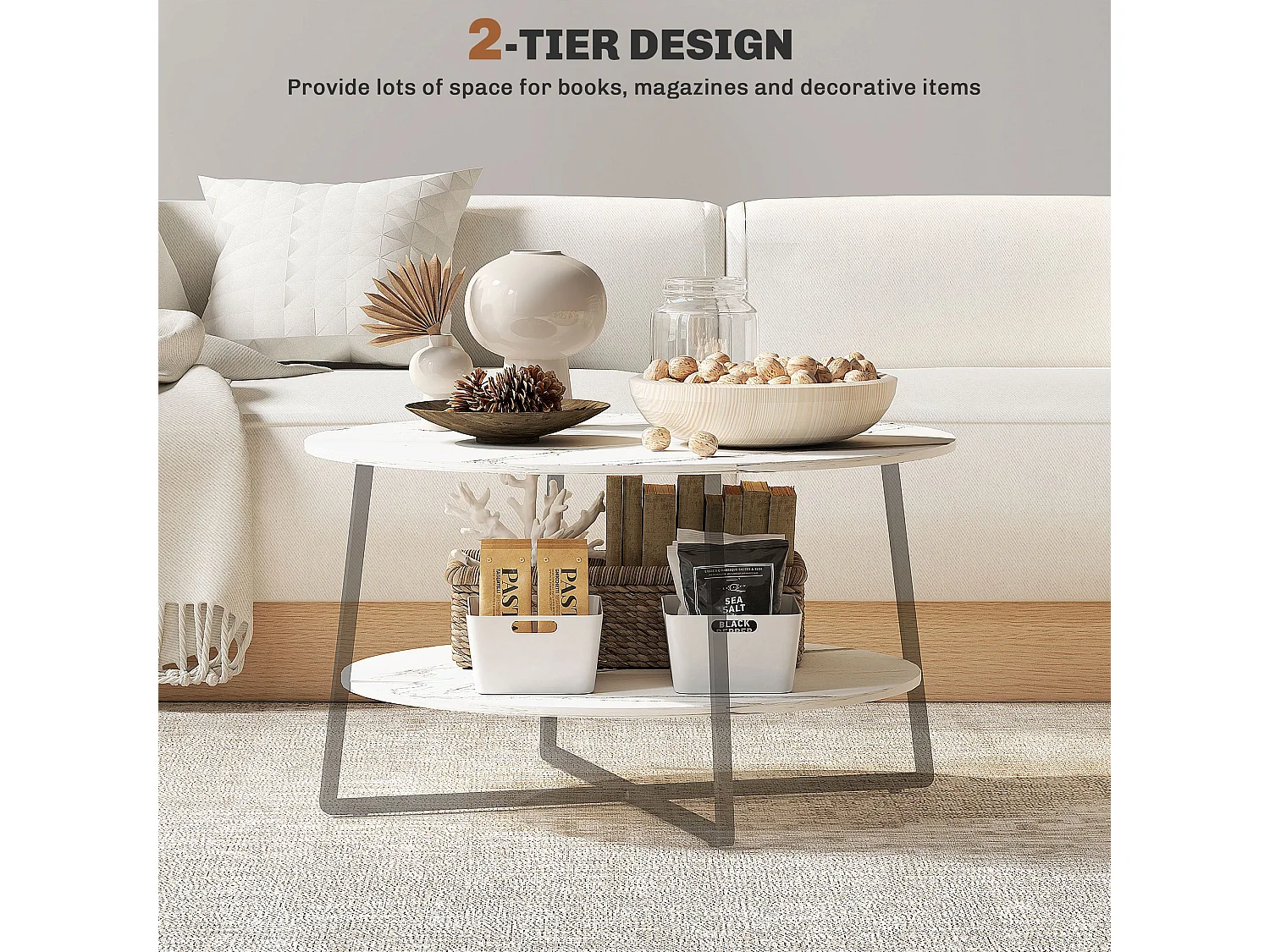 Masoso Round 2 Tier Marble Effect Coffee Table White Top Black Frame