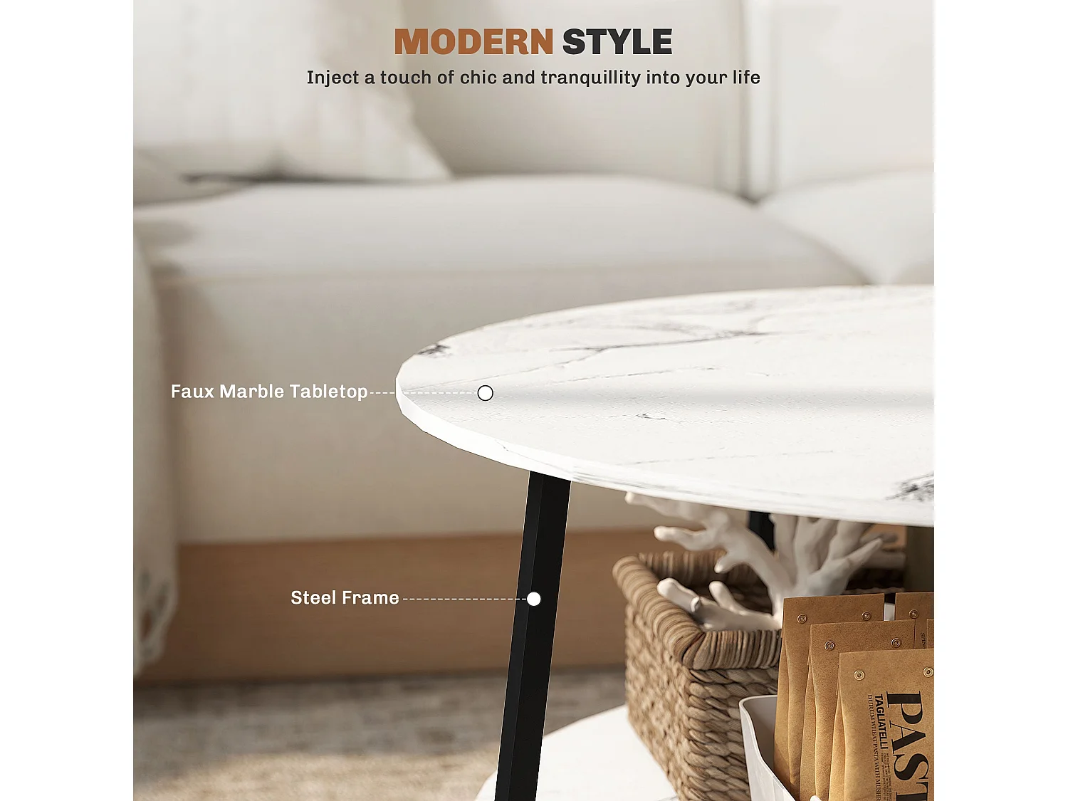 Masoso Round 2 Tier Marble Effect Coffee Table White Top Black Frame