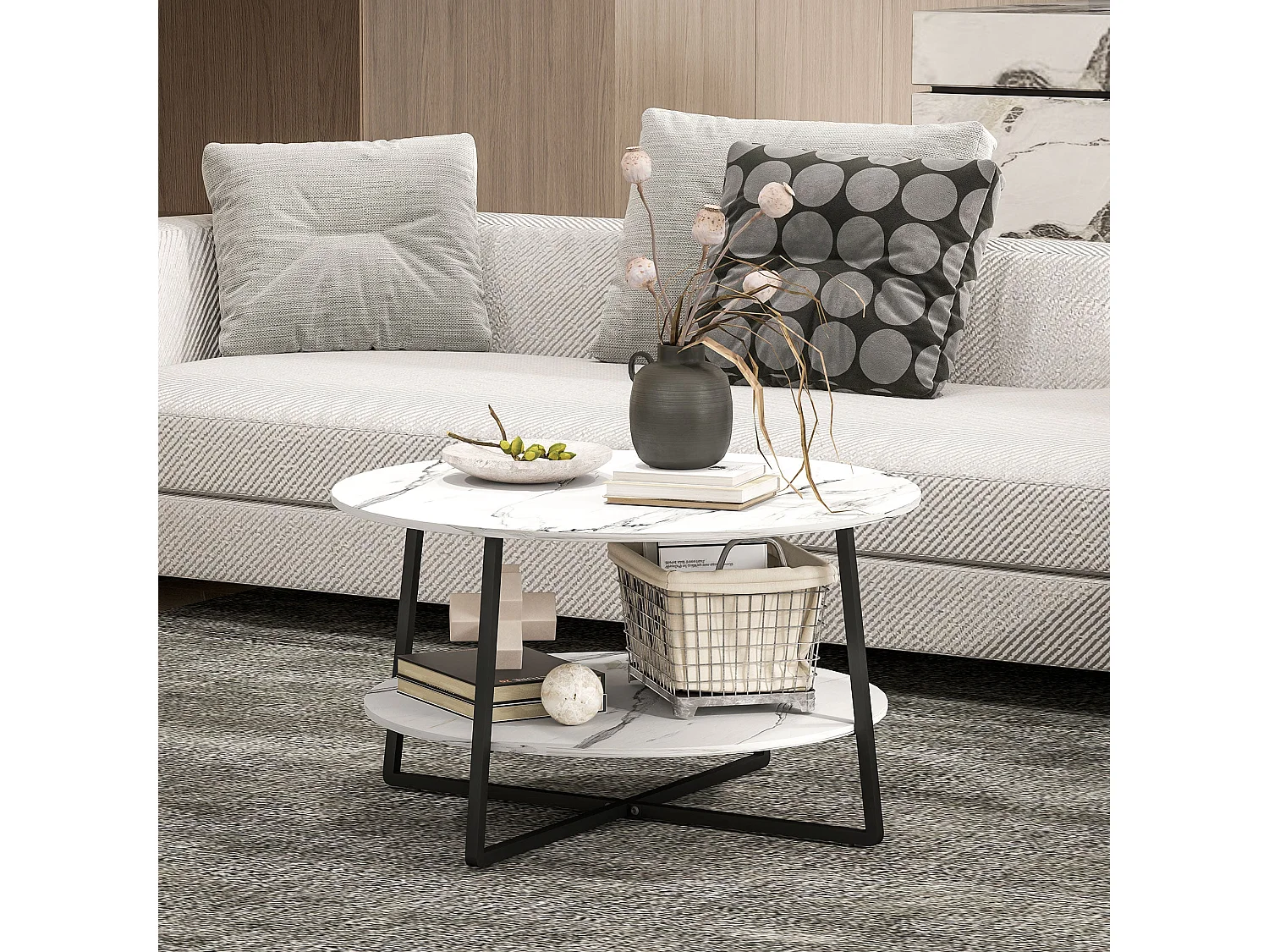 Masoso Round 2 Tier Marble Effect Coffee Table White Top Black Frame