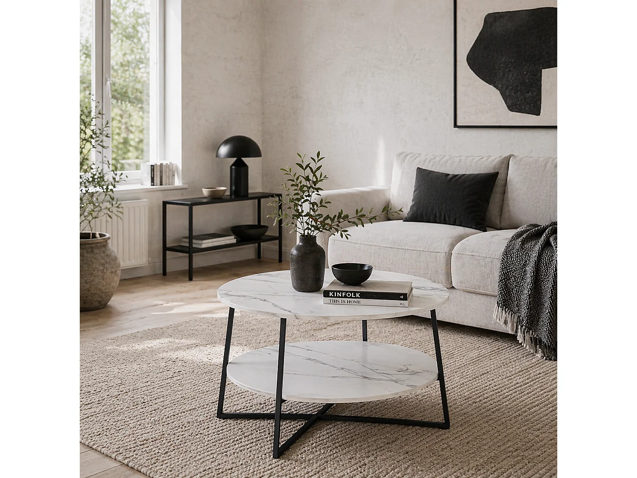 Masoso Round 2 Tier Marble Effect Coffee Table White Top Black Frame