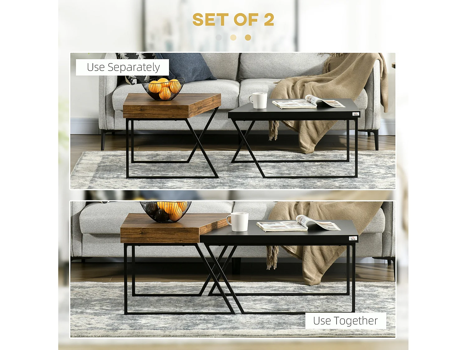 Nimolo Set of 2 Industrial Nesting Coffee Tables Rustic Brown and Black