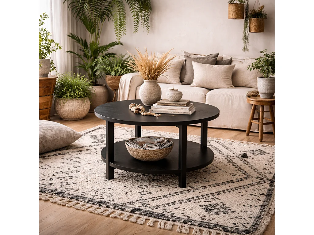 Westbrook Black Square Coffee Table 80cm Matte Grain with Shelf
