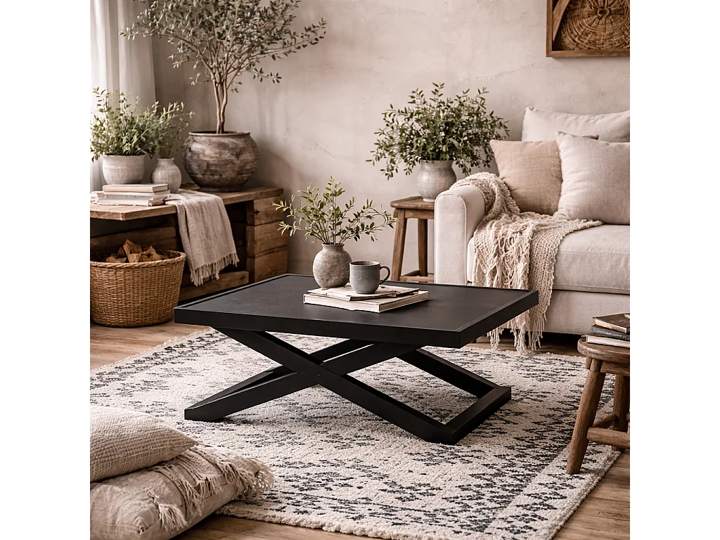 Enniscorthy Small Black Coffee Table Square X Frame Matt Grain Wood Top