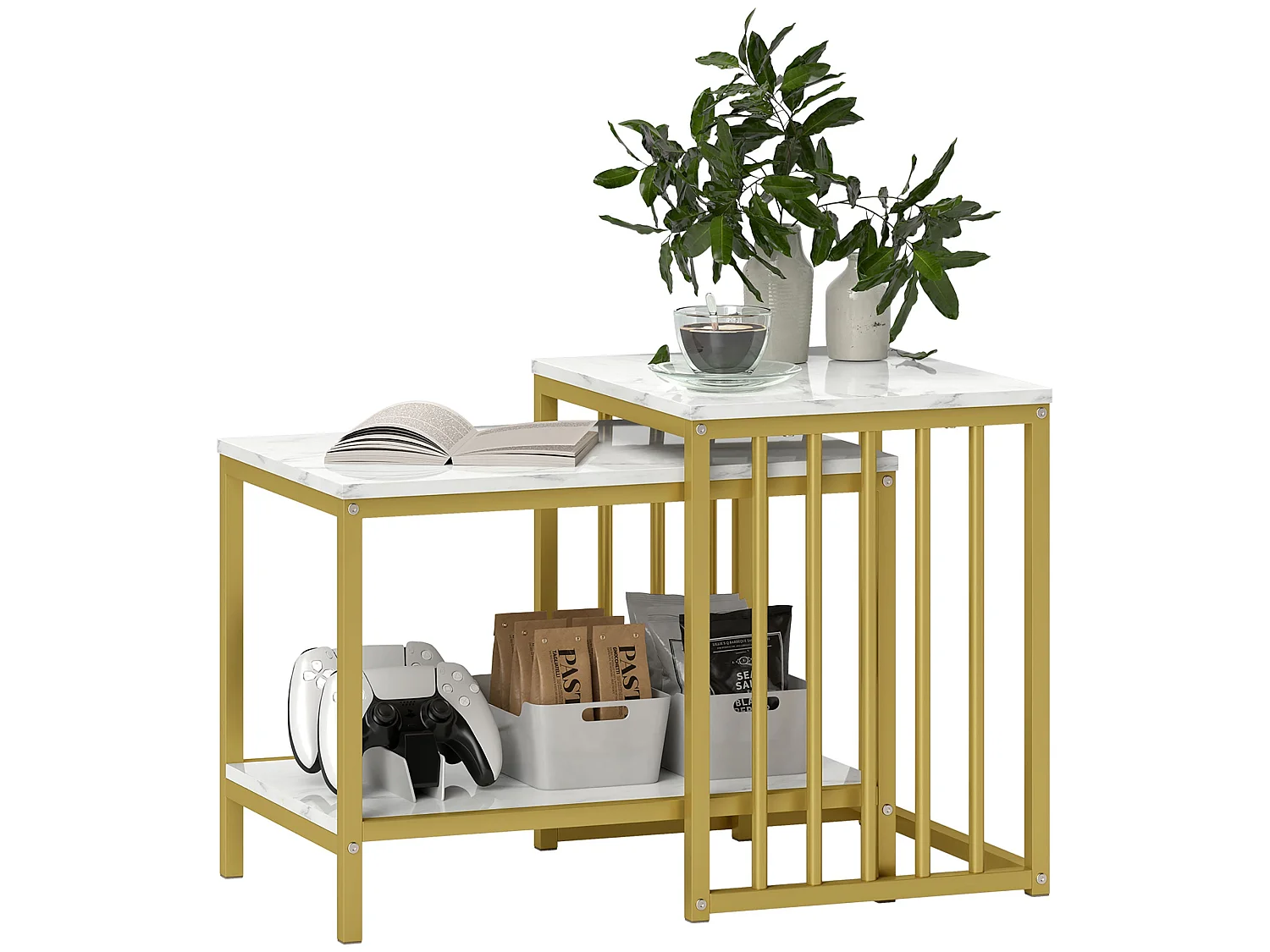 Rolana Set of 2 Nesting Coffee Tables Marble Effect MDF Tops and Gold Steel Frames