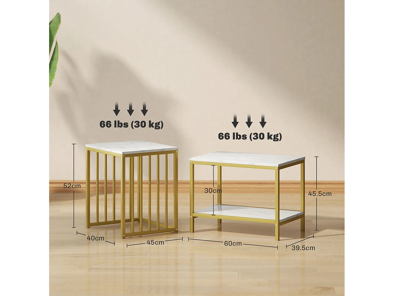 Rolana Set of 2 Nesting Coffee Tables Marble Effect MDF Tops and Gold Steel Frames