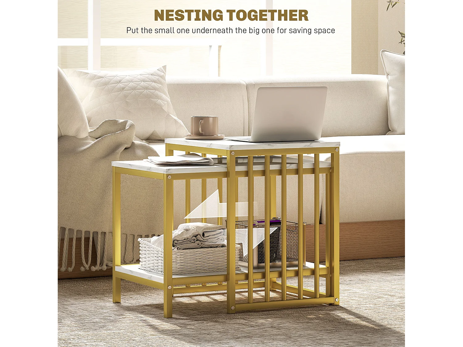 Rolana Set of 2 Nesting Coffee Tables Marble Effect MDF Tops and Gold Steel Frames