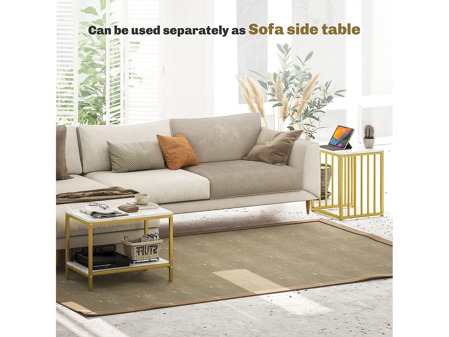Rolana Set of 2 Nesting Coffee Tables Marble Effect MDF Tops and Gold Steel Frames