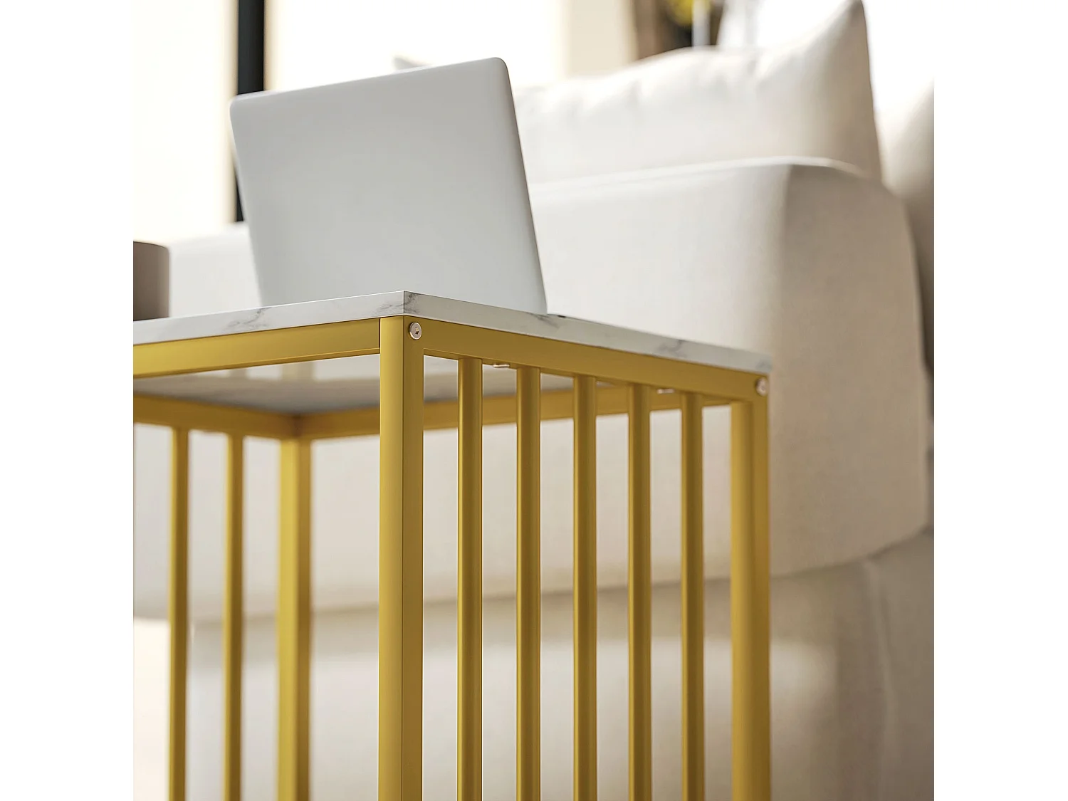 Rolana Set of 2 Nesting Coffee Tables Marble Effect MDF Tops and Gold Steel Frames