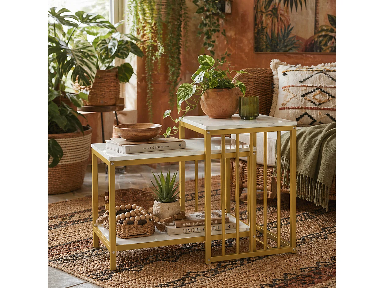Rolana Set of 2 Nesting Coffee Tables Marble Effect MDF Tops and Gold Steel Frames