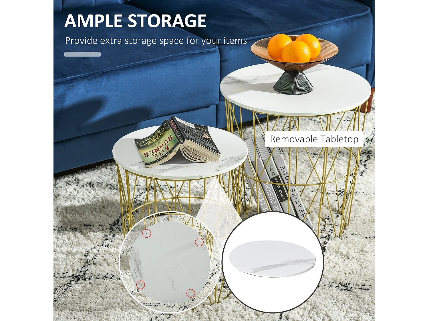 Tokael Set of 2 Round Nesting Side Tables with Storage and Removable Tops