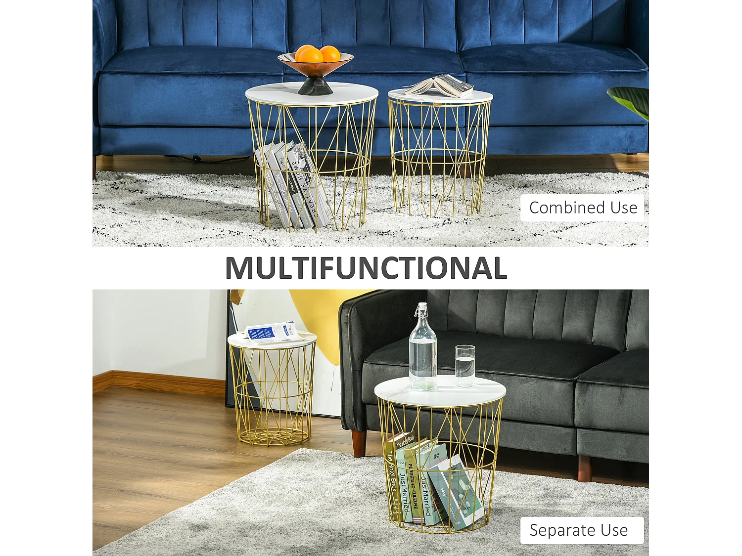 Tokael Set of 2 Round Nesting Side Tables with Storage and Removable Tops