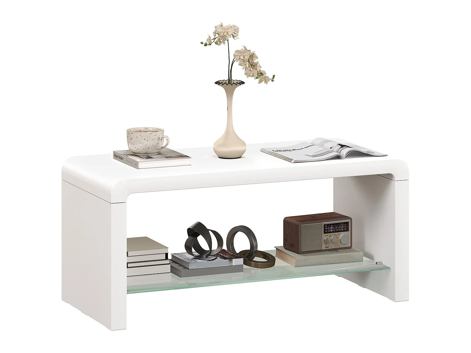 Velimo High Gloss White Curved 2 Tier Coffee Table Tempered Glass Shelf