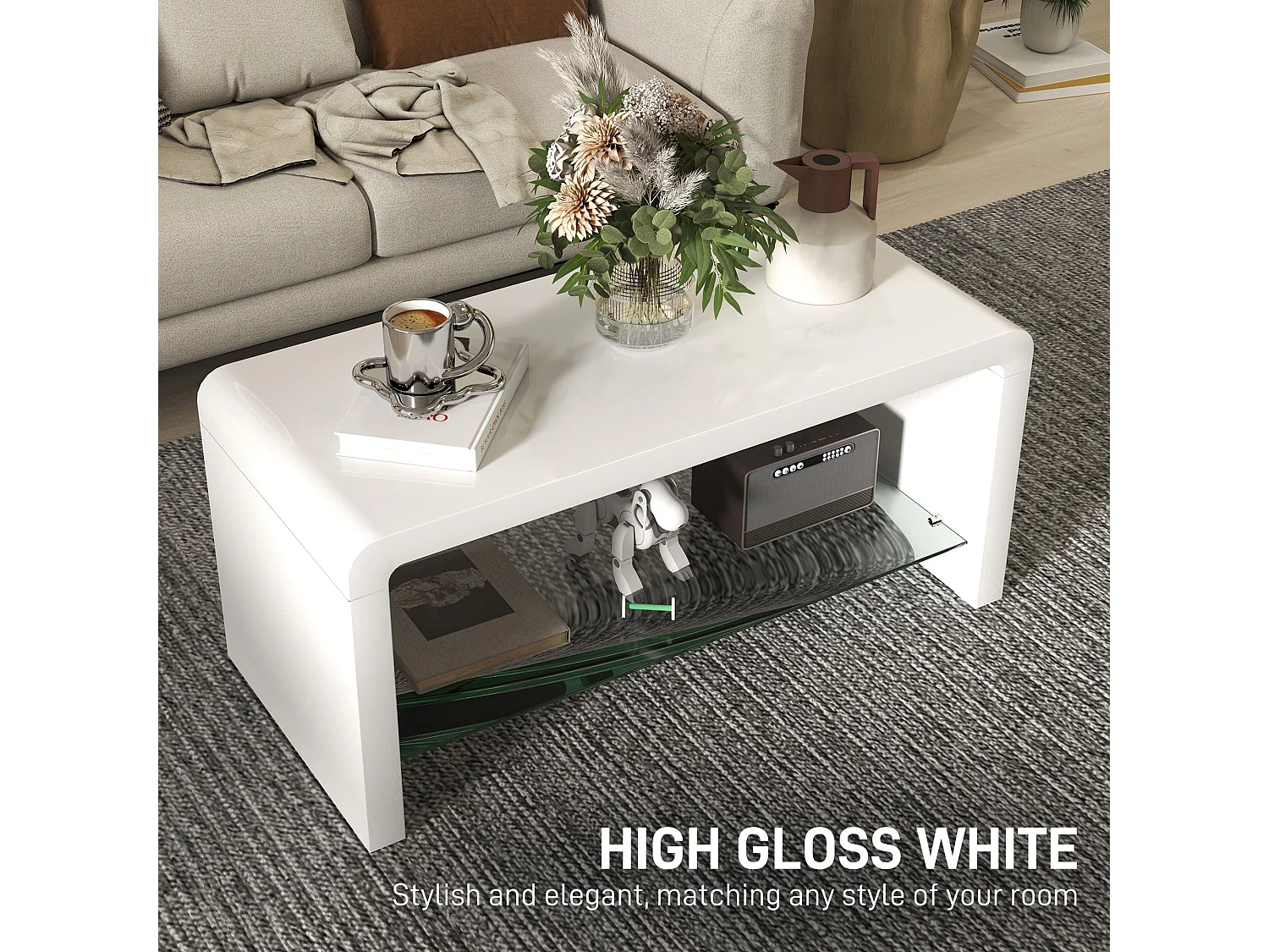 Velimo High Gloss White Curved 2 Tier Coffee Table Tempered Glass Shelf