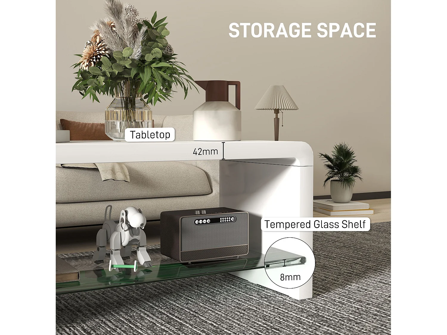 Velimo High Gloss White Curved 2 Tier Coffee Table Tempered Glass Shelf