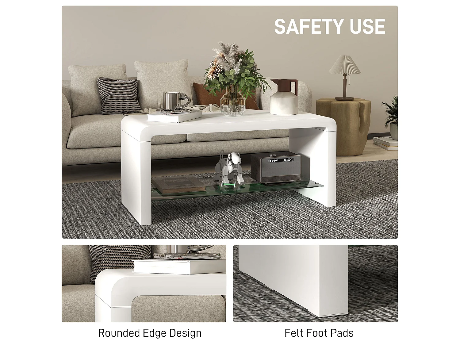 Velimo High Gloss White Curved 2 Tier Coffee Table Tempered Glass Shelf