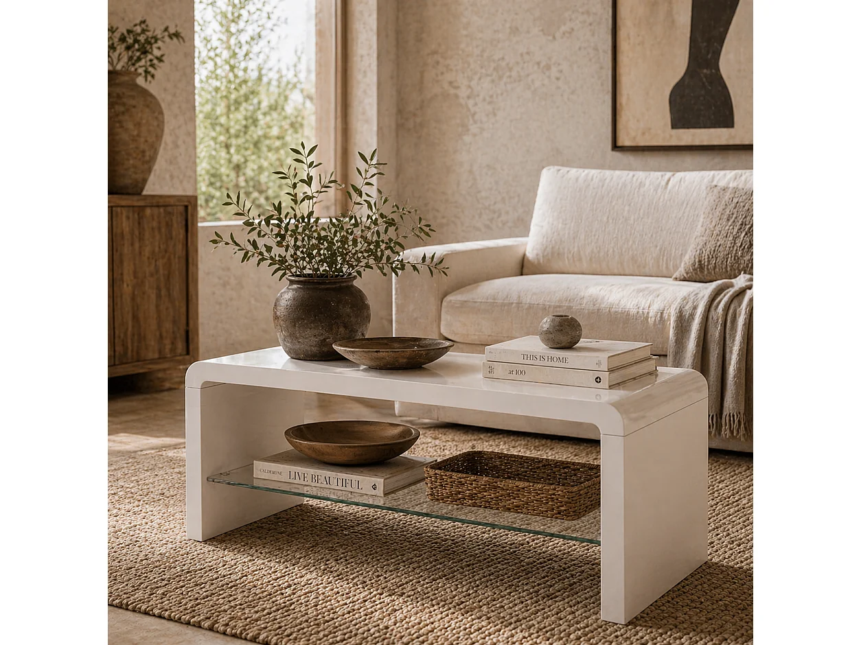 Velimo High Gloss White Curved 2 Tier Coffee Table Tempered Glass Shelf