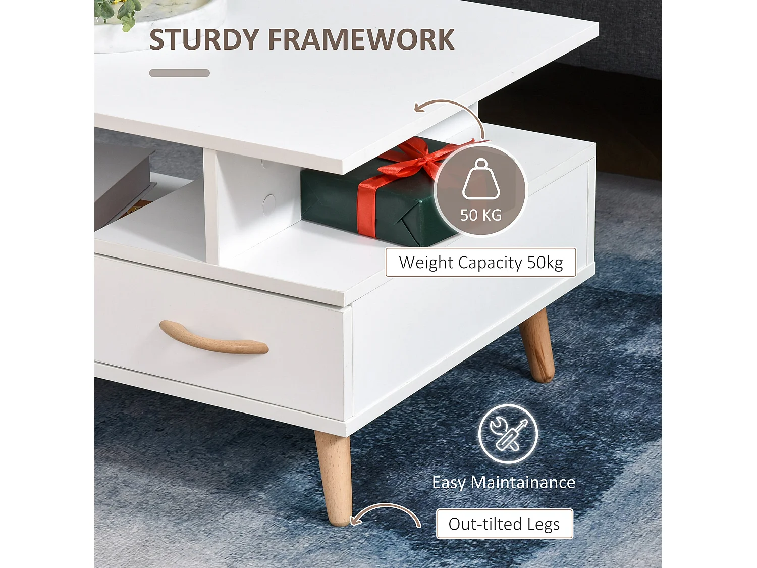 Lusayo White Minimalist Coffee Table with Storage Shelf and Drawer