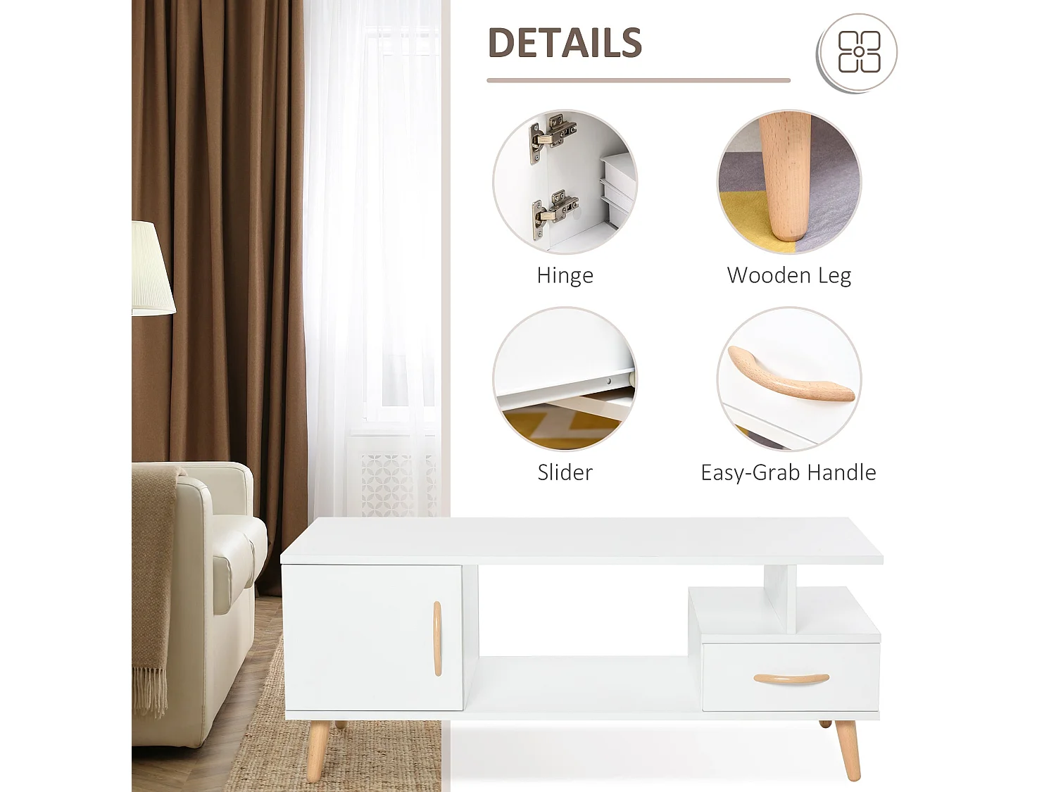 Lusayo White Minimalist Coffee Table with Storage Shelf and Drawer