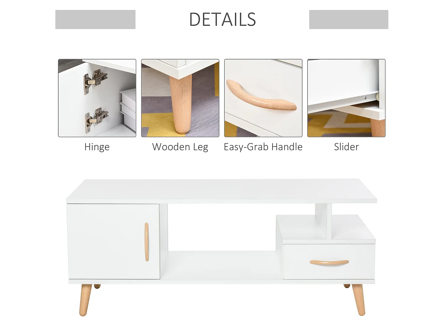 Lusayo White Minimalist Coffee Table with Storage Shelf and Drawer