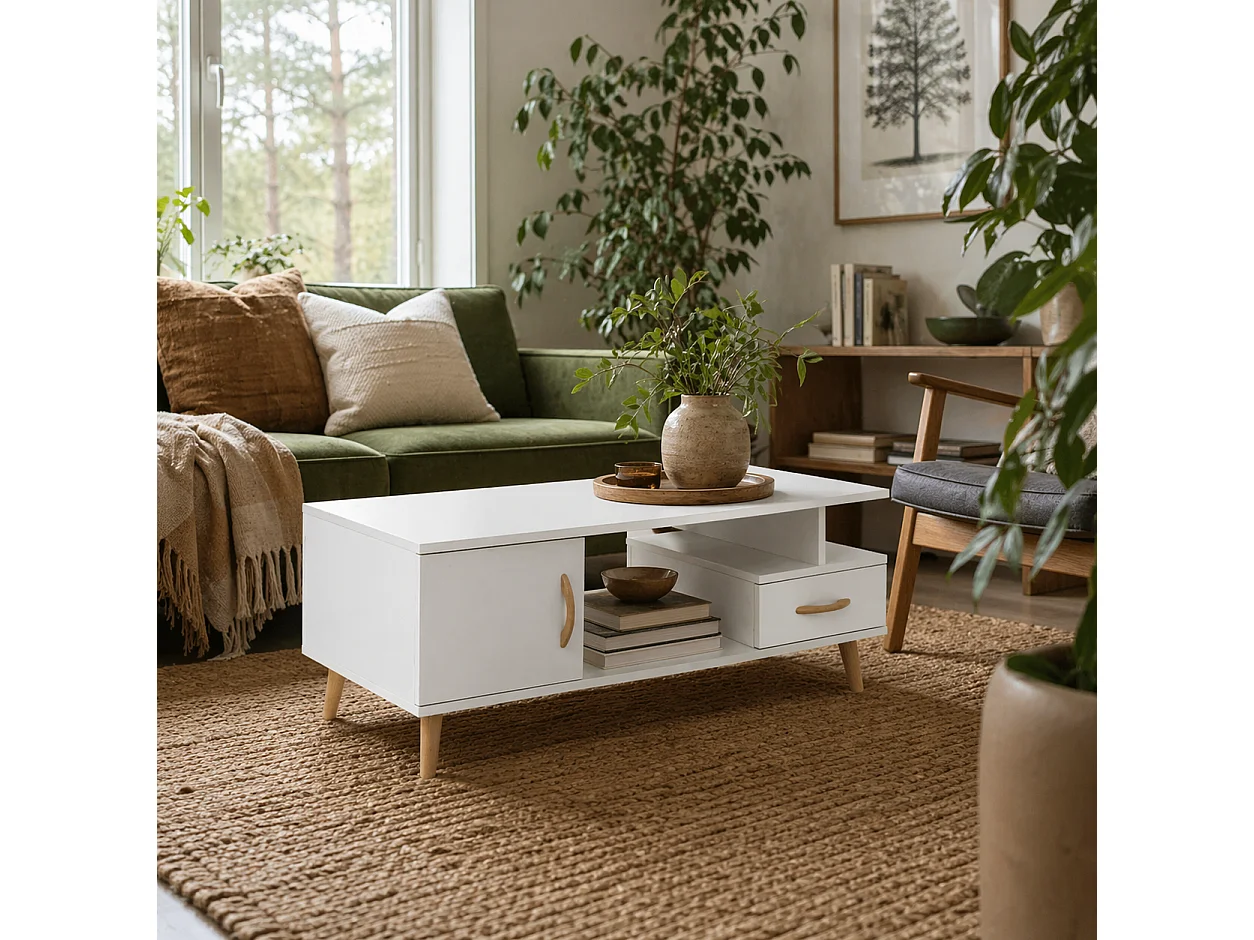 Lusayo White Minimalist Coffee Table with Storage Shelf and Drawer