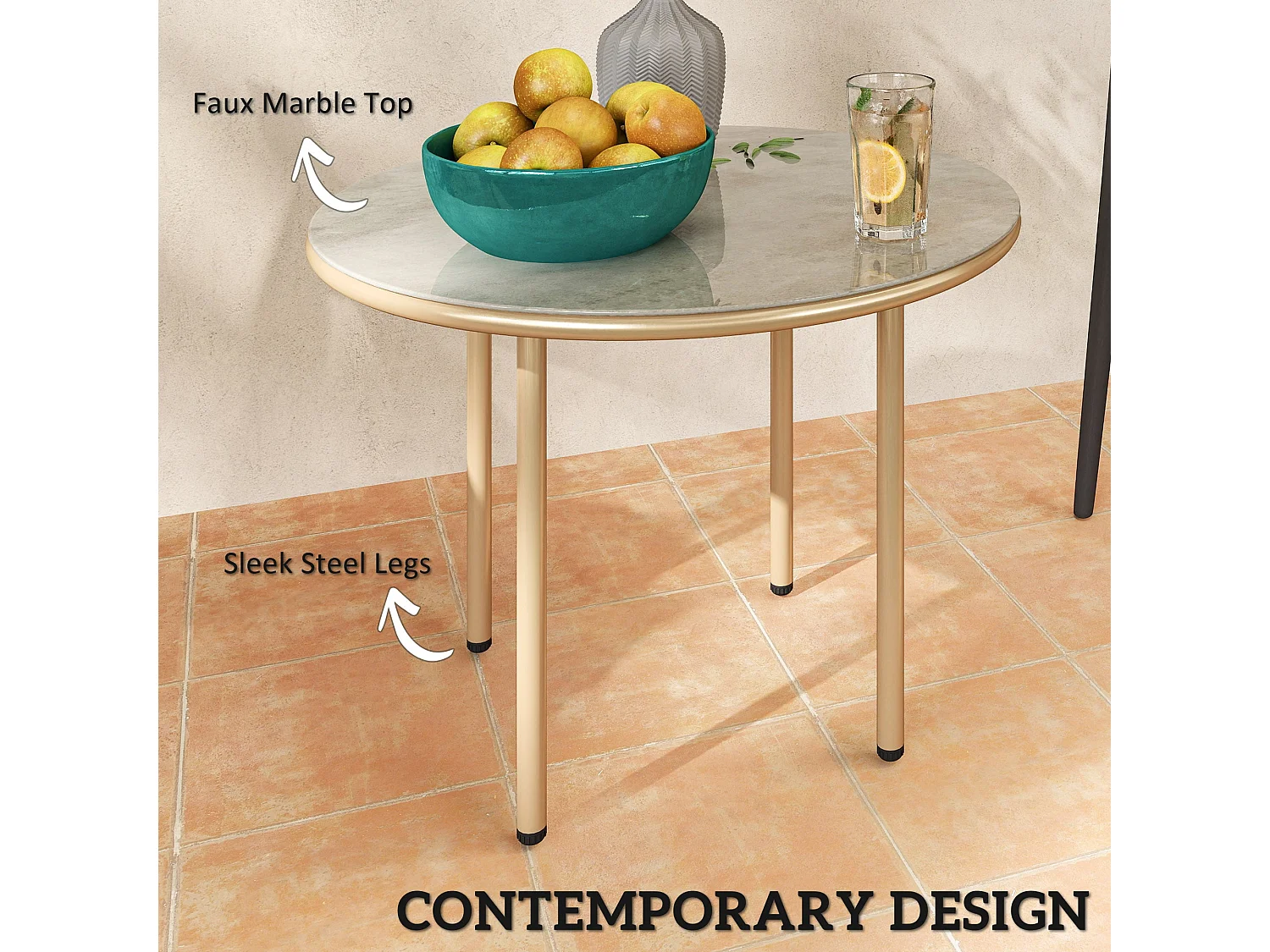 Bake Round Side Table Beige Tempered Glass Faux Marble Top Steel Frame