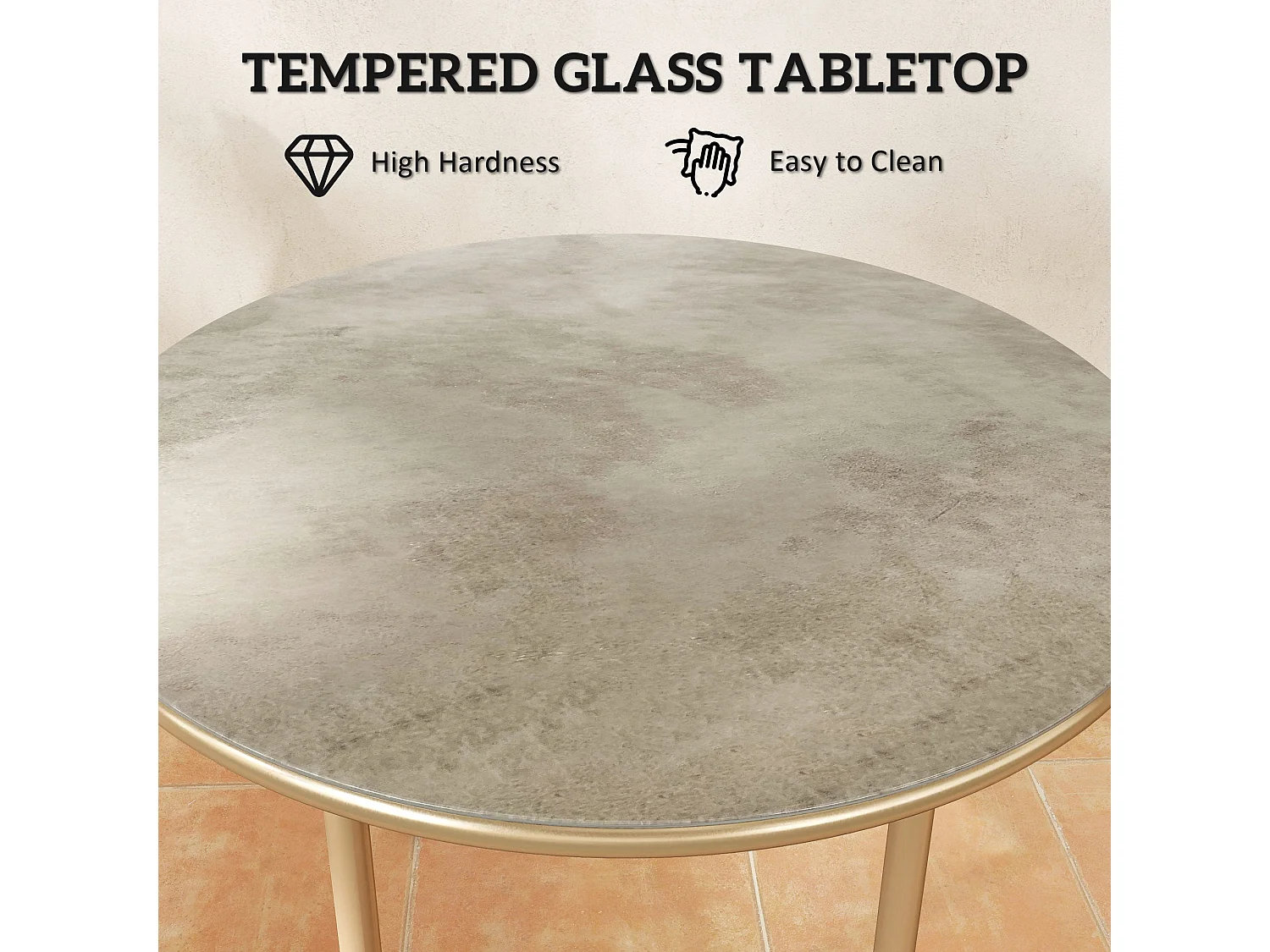 Bake Round Side Table Beige Tempered Glass Faux Marble Top Steel Frame