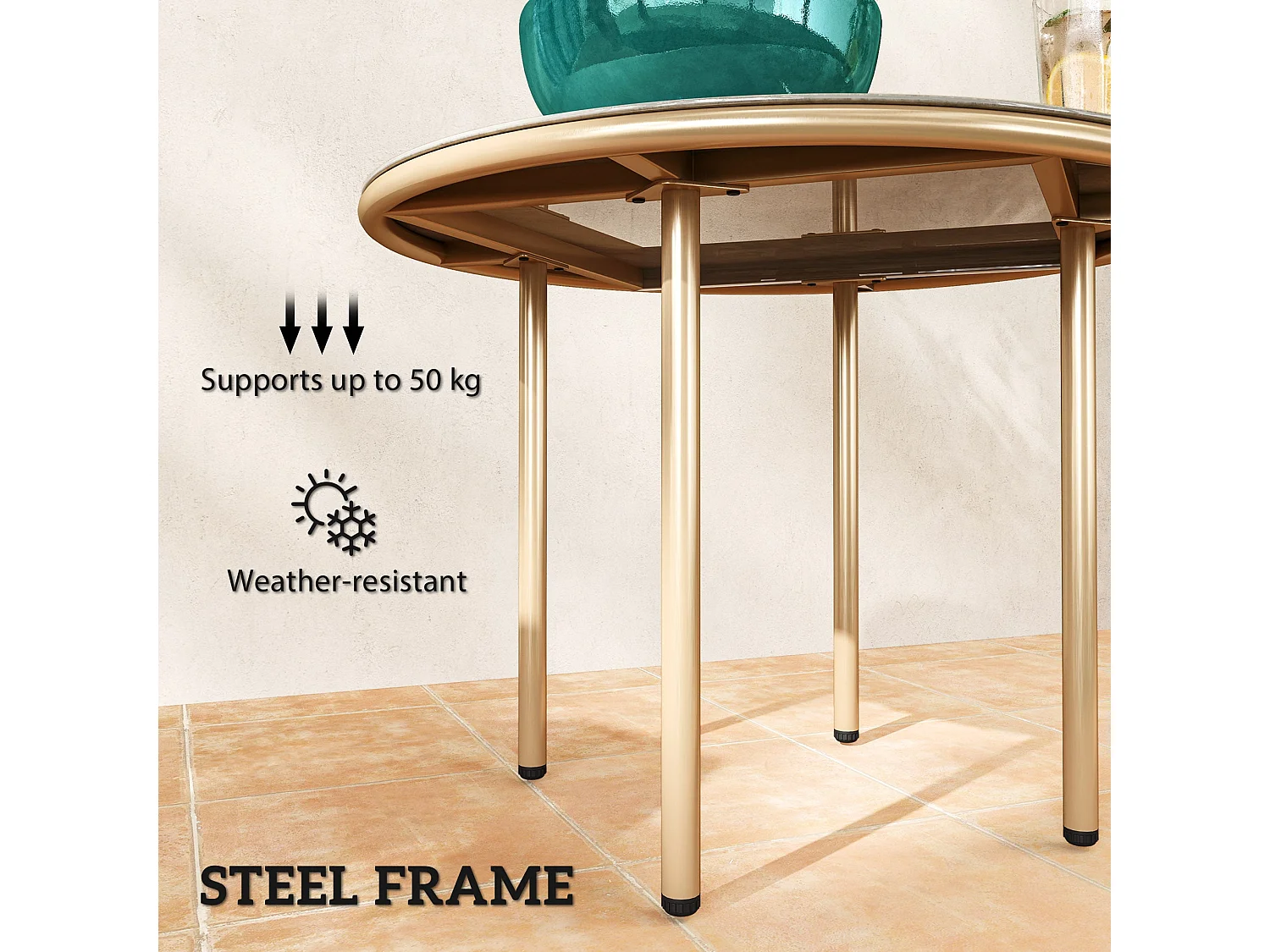 Bake Round Side Table Beige Tempered Glass Faux Marble Top Steel Frame