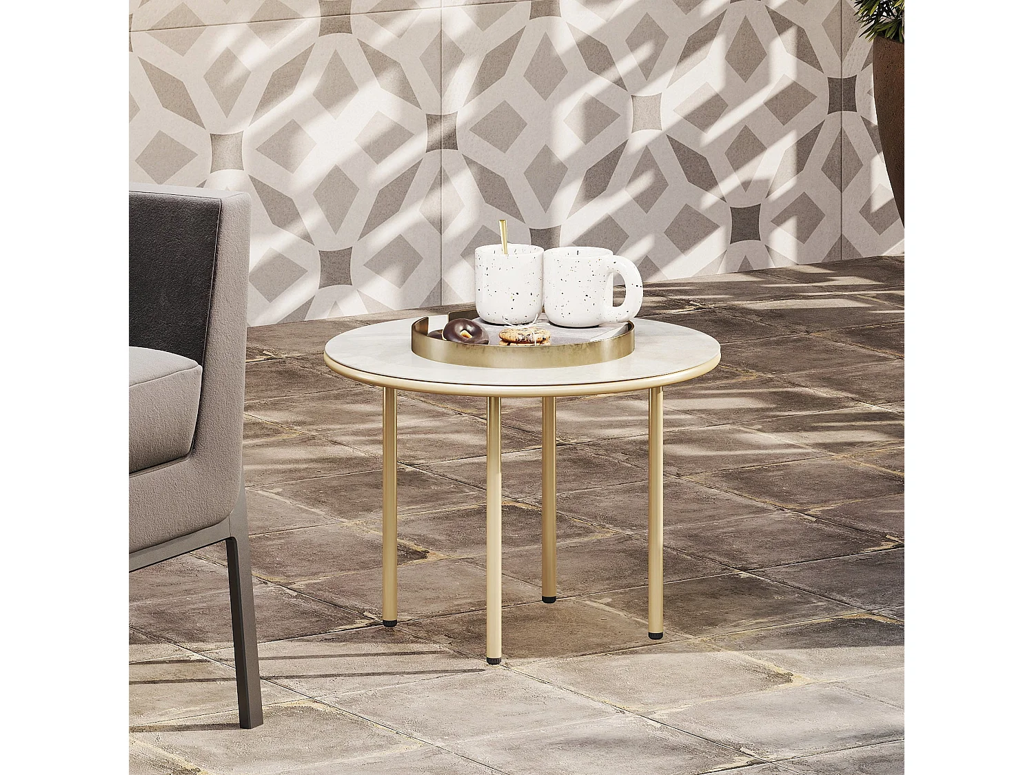 Bake Round Side Table Beige Tempered Glass Faux Marble Top Steel Frame